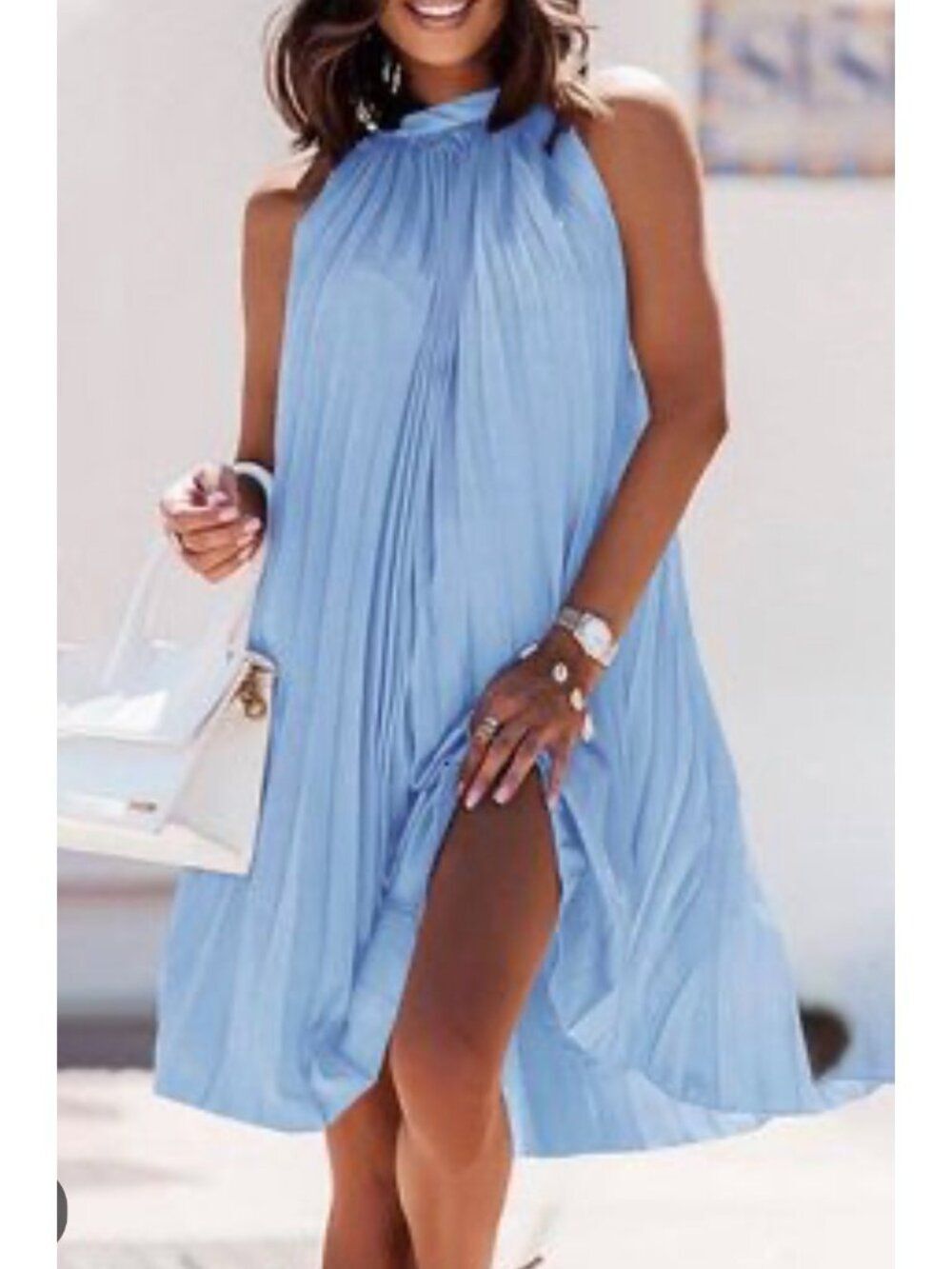 Hermoza Blue Pleated Sleeveless Halter Dress Size M